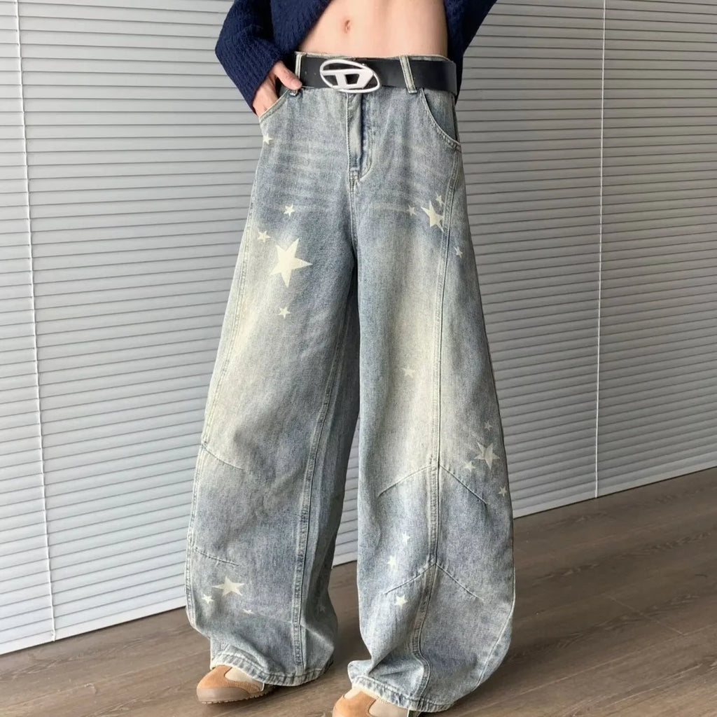 Vintage Casual Y2K High Waisted Straight Leg Star Jeans Fashion Cute Printed Gradual Pants for Men And Women