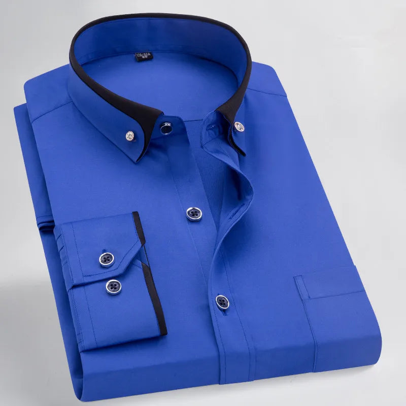 Hot Sale Men's Business Dress Shirts long Sleeve Contrast Collar Social Camisa With Diamond Anti-wrinkle Button Down Black Blue
