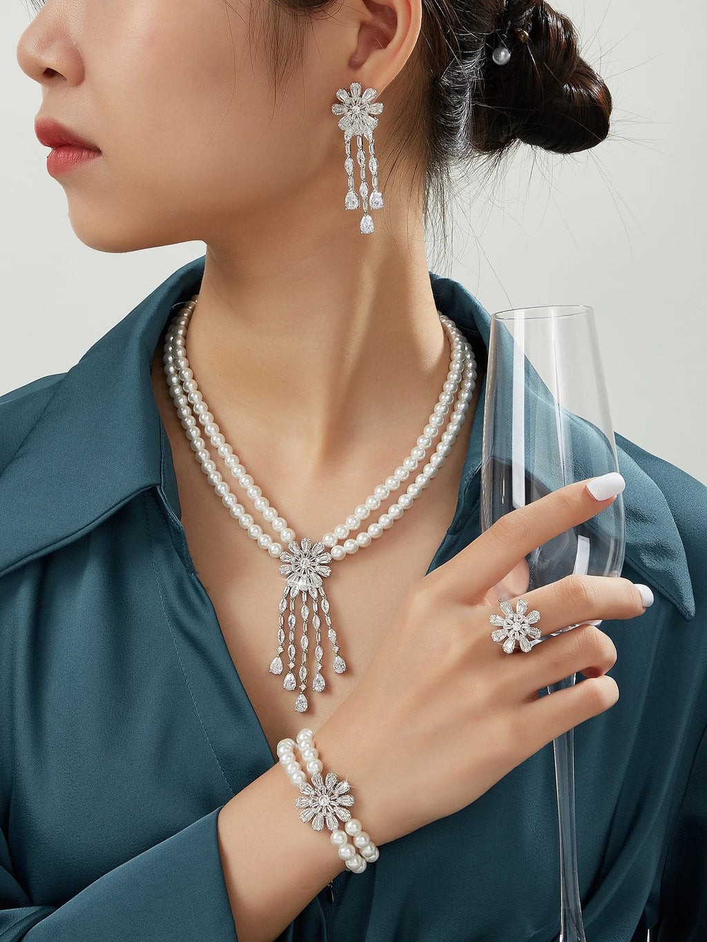 Trendy Pearl Tassel Necklace 4PCS Jewelry Set For Women Wedding Party Full Zircon Dubai Bridal Jewelry Set Gift