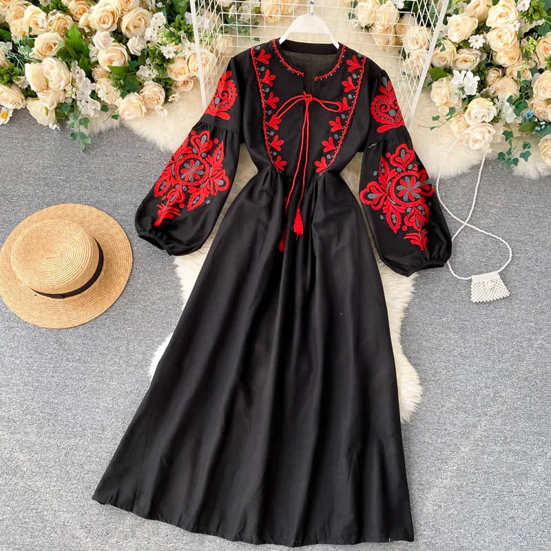 Embroidered Flower Long Sve Loose Fit Lantern Sve Gathered Slimming A-Line Dr Women's round Ne Dr