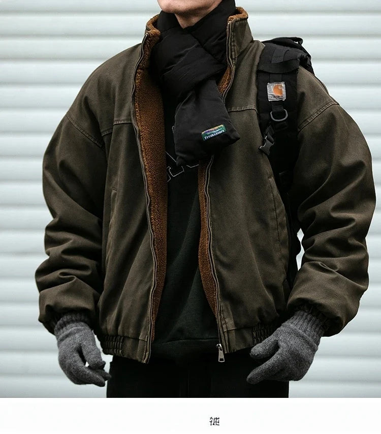 Winter Heavyweight Mens Jacket Japanese Vintage PU Coated Windproof Thick Fleece Lined Warm Distressed Streetwear Long Coat Male
