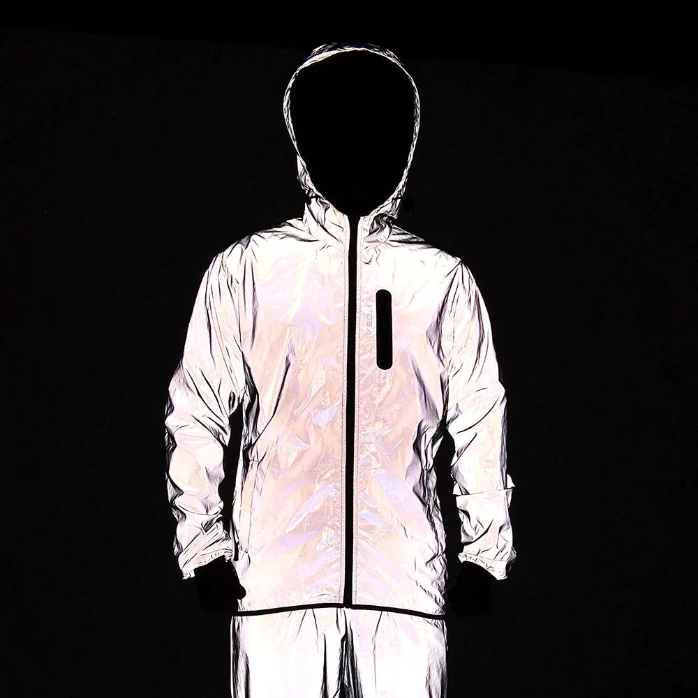 Full Reflective Jacket with Hoodie High Visibility Waterproof Wind Breaker Men Women Hiking Cycling Running Safety Vest