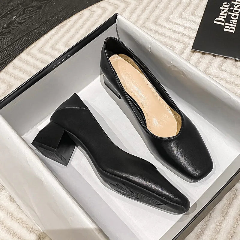 genuine leather med-high heels shoes for women square toe pumps cowhide zapatos mujer elegantes tacones bajos OL shoes size 43