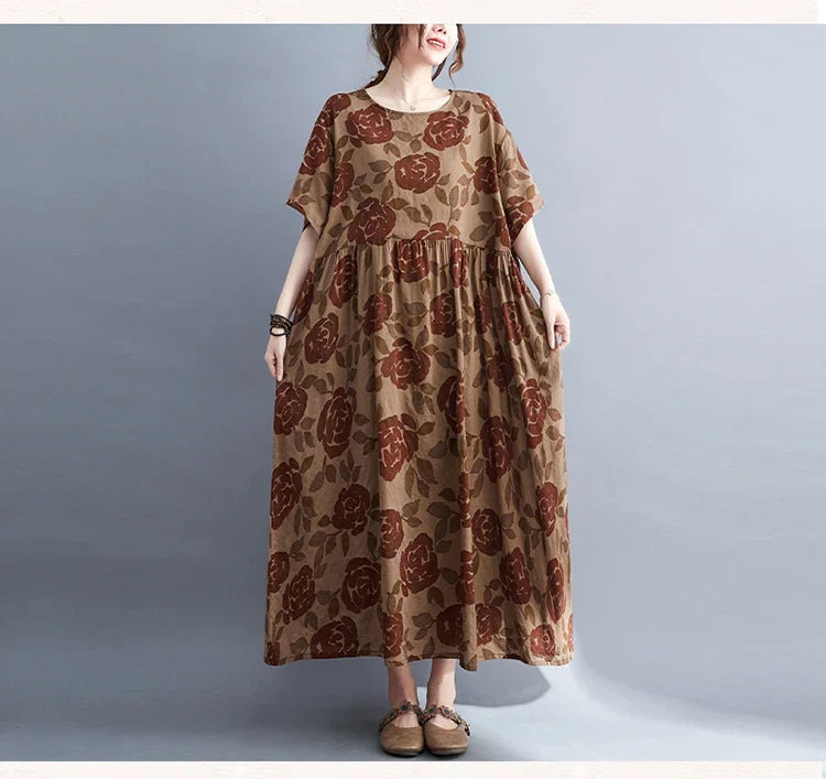 Robe Plus Size 100KG Summer Dress Women Floral Loose Vestidos Para Mujer Casual Maxi Print Cotton Linen Oversized BOHO