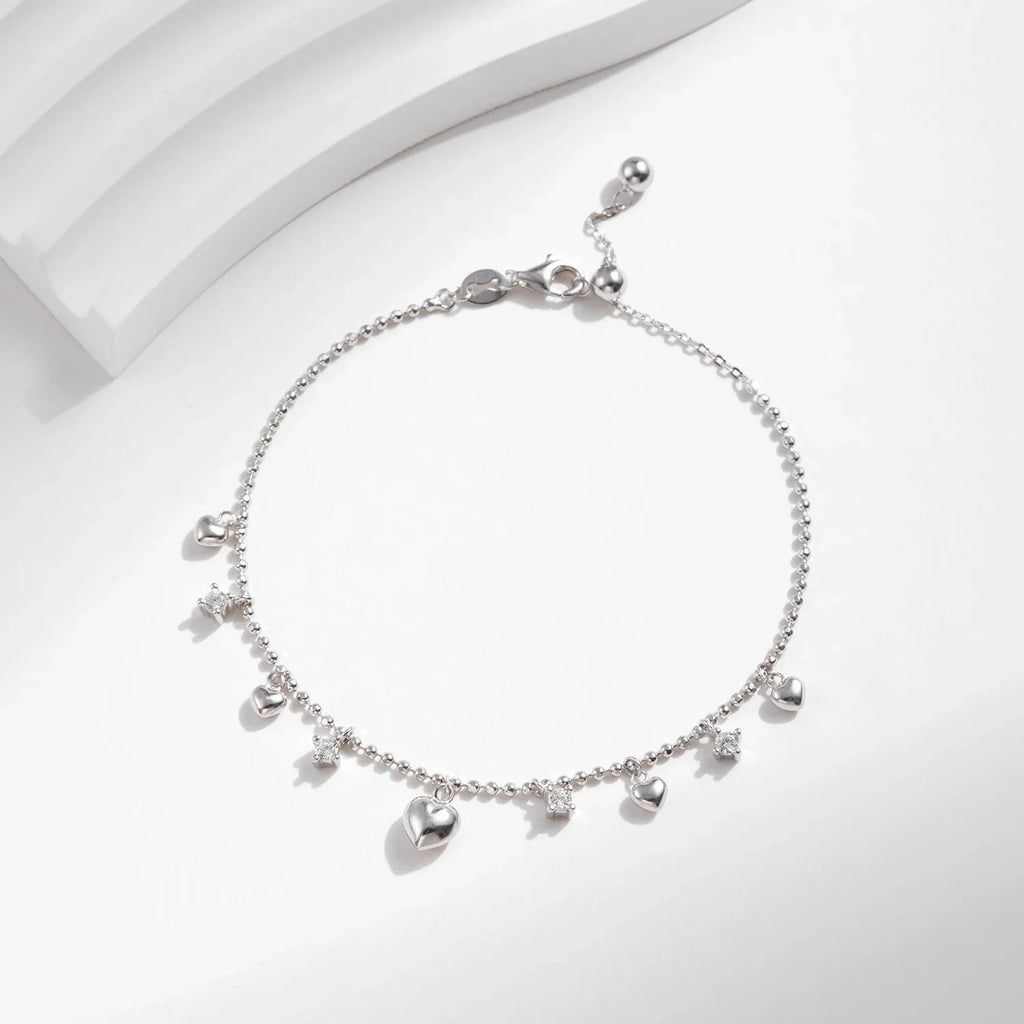 925 Sterling Silver Delicate Mirror Hearts Charm Beads Bracelet Romantic Trendy Link Chain For Women Fine Jewelry