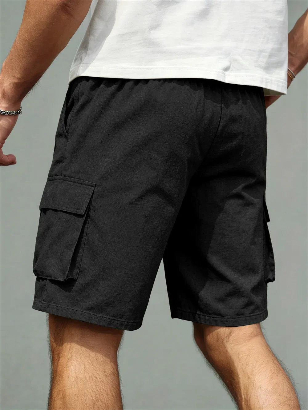 Men's Loose Polyester Straight-Leg Pants, Casual Multi-Pocket Work Shorts, High-End Men's Shorts, Drawstring Daily Work Shorts