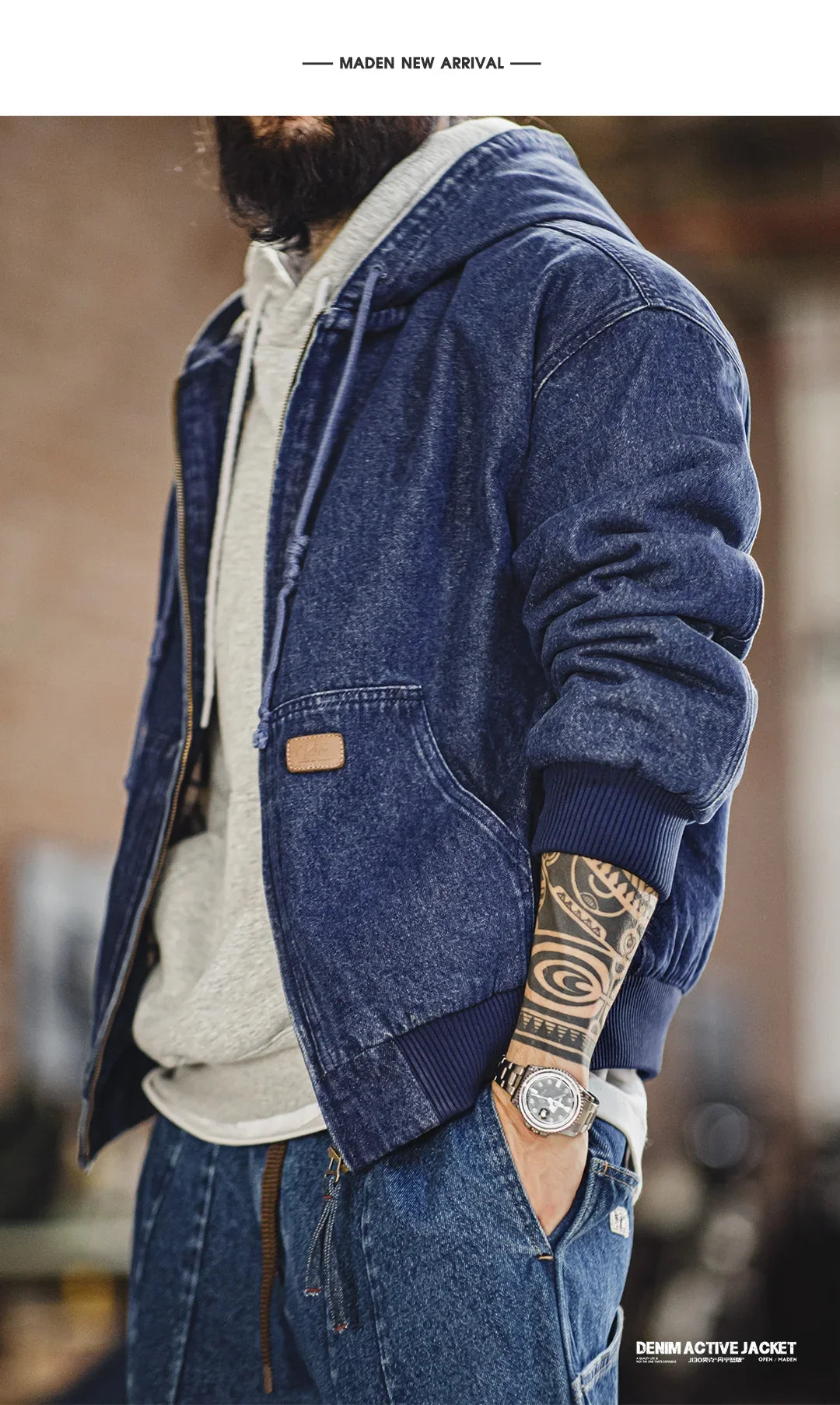 Retro Men's J130 10.5oz Denim Jacket Heavyweight Washed Aged Hooded Jacket Zipper Work Coat with Large Pockets for Fall
