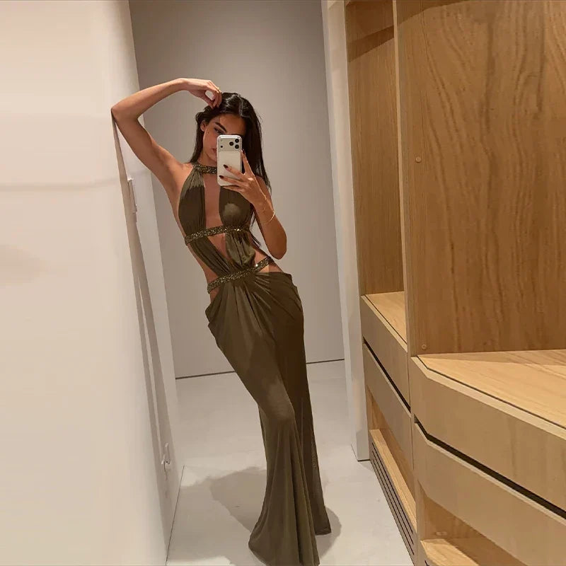 Women's Elegant Shaping Long Vistidos Simple Sexy Chic Back Hollow Design Shiny Lace Up Gown New Luxury Night Party A-line Dress