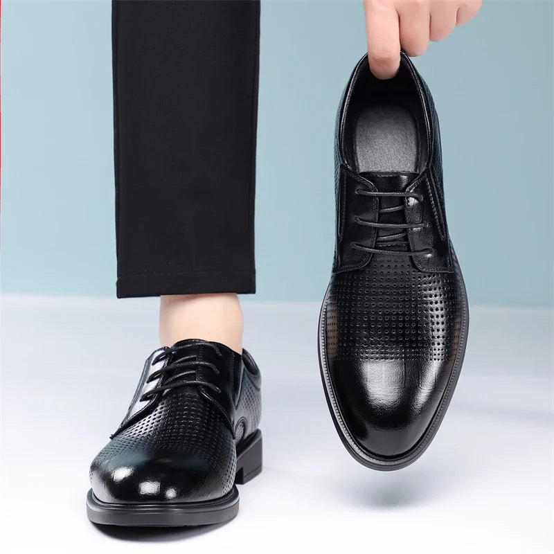 Men's Summer Breathable Leather Shoes British Style Comfortable Soft Business Formal Derby Shoes Hollow out Design-SJ6607-1