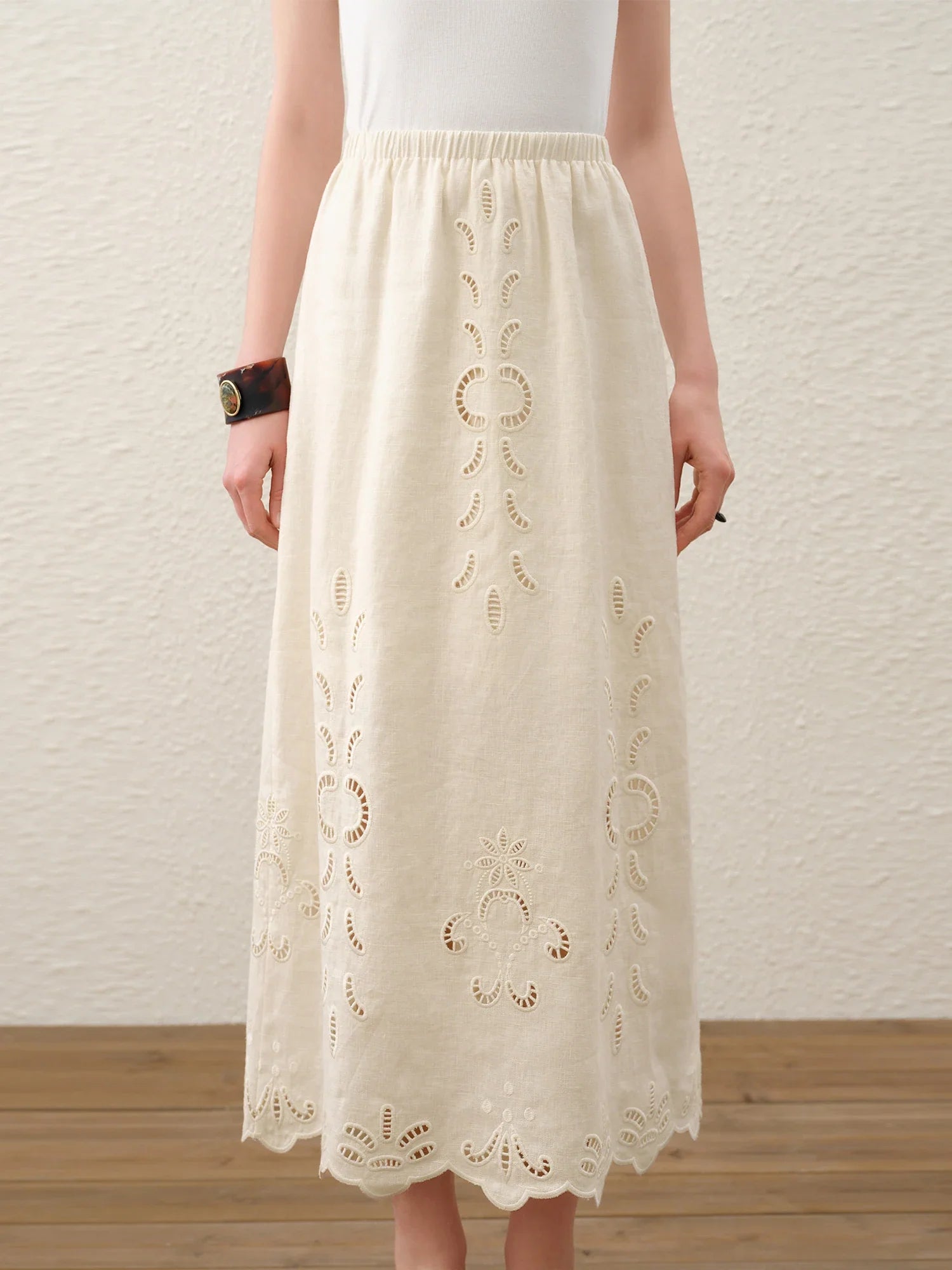 Summer Women Linen Two Piece Set Cut-Out Embroidered Sleeveless Top Midi Skirt Boho Beach Vacation Style