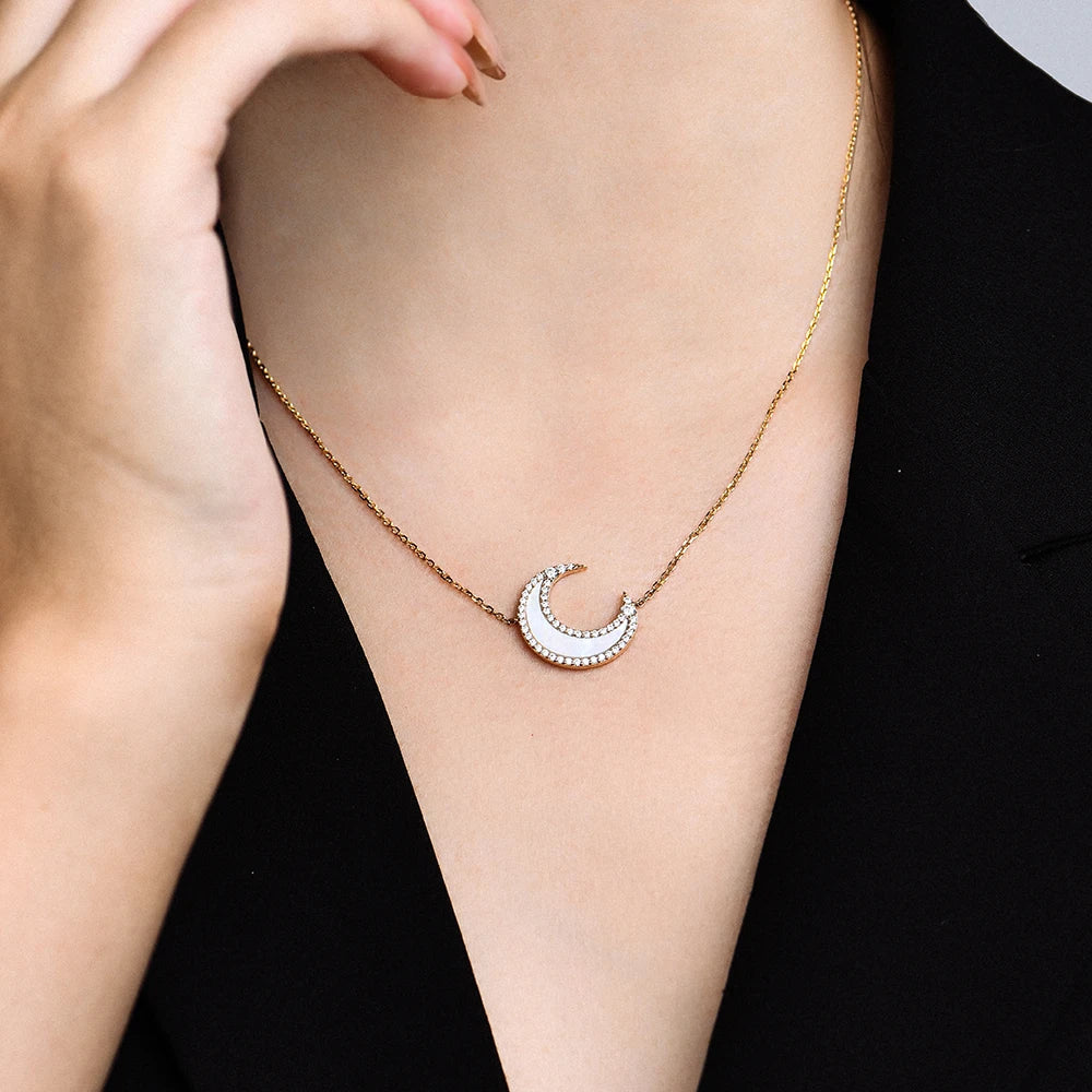 D Color VVS1 Luxury Moon Moissanite Necklace for Women Solid S925 Silver Yellow Gold Pendant Fine Jewelry Girls Party