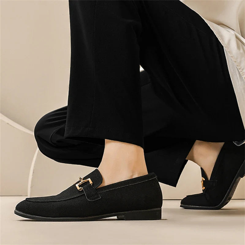 Fashion Brand Men Suede Leather Shoes Black Beige Horsebit Loafers Slip on Formal Mens Dress Shoes Wedding Office Casual Shoes