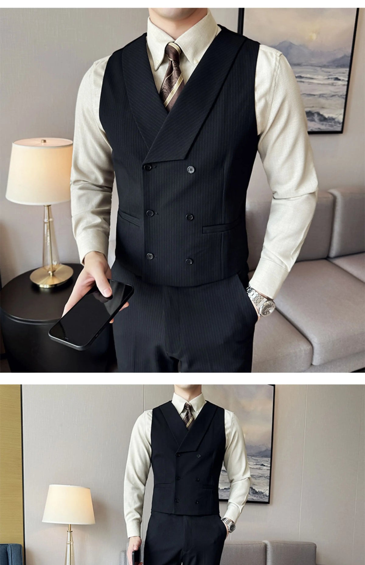 ( Vest + Pants) Double Breasted Stripe Suit Vest With Pants New Men Fashion Slim Business Casual Wedding Dress Vest 2 Pcs Sets