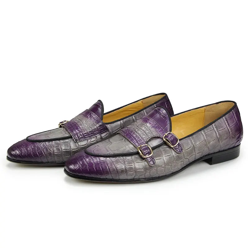 Men Loafers Double Monk Strap Slip on Fashion Casual Penny Footwear Business Wedding Evening Genuine Leather Crocodile Printing