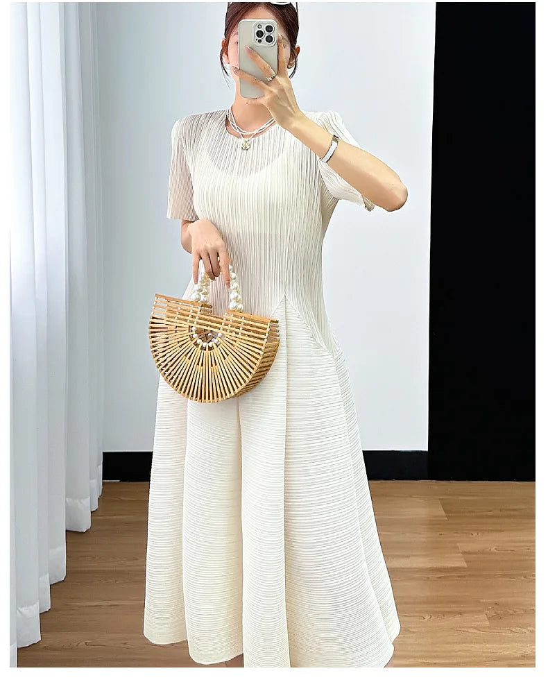 Y2k Pleated Women's Dress Bubble Short-sleeved Loose Slim Thin Medium-length Dresses for Women 2024 Summer New