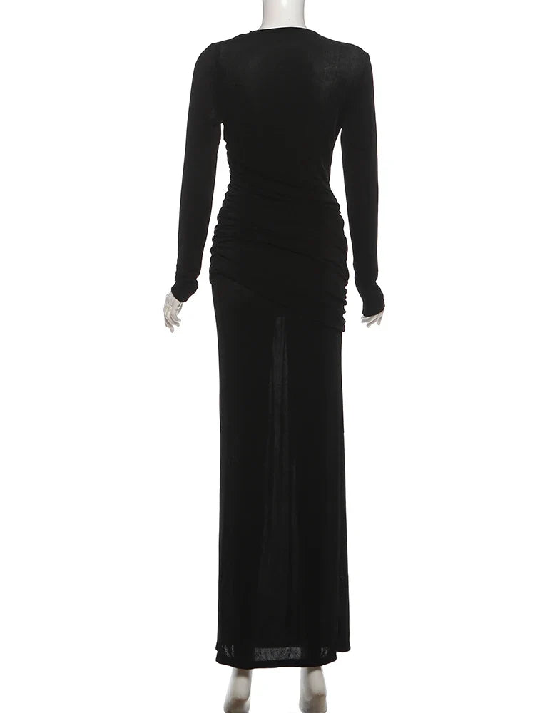 Nibber Folds Maxi Dress Women o-Neck Full Sleeve Solid Banquet Elegant Vacation Fashion Autumn Skinny Casual Simple Vestidos