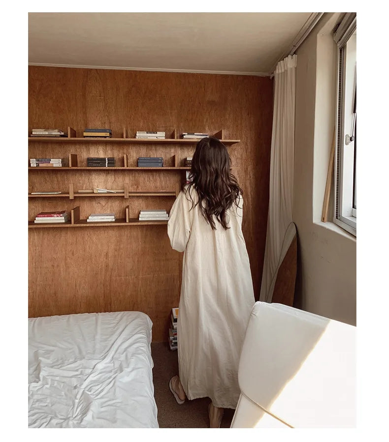Vintage 100% Cotton Women Dress V Neck Long Sleeve Korean Jananse Pajama Dresses Ladies Comfortable Homewear Wearable Outside