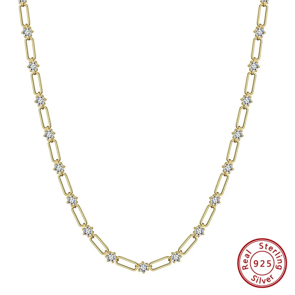 S925 Sterling Silver Paperclip Necklace with 3mm Round Moissanite Diamond Layering Link Chain Necklace for Women Fine Jewelry