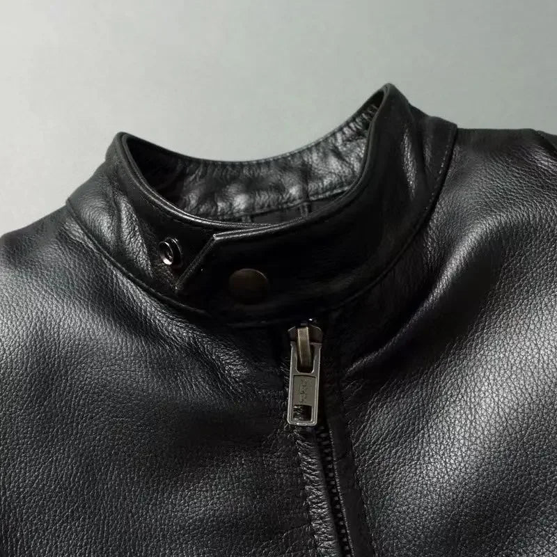 Genuine Leather Jacket Men 100%Cowhide Slim Fit Stand Collar Autumn Winter Cycling Casual Real Leather Cotton Padded Jacket Man