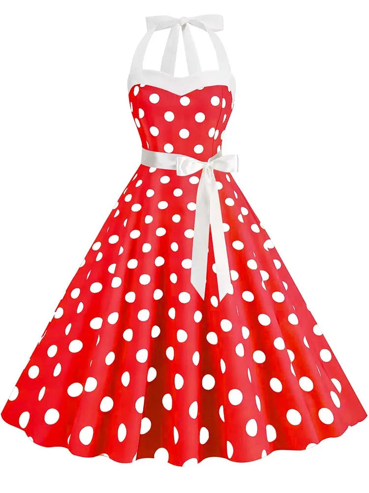 Women Summer Party Dress With Belt Polka Dot Print Halter Hepburn Robe 50s 60s Vintage Dresses