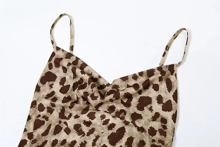 Leopard Print Dress Woman Summer Sexy Swing Collar Spaghetti Straps Backless Ruffles Party Clubwear Skinny Vestidos