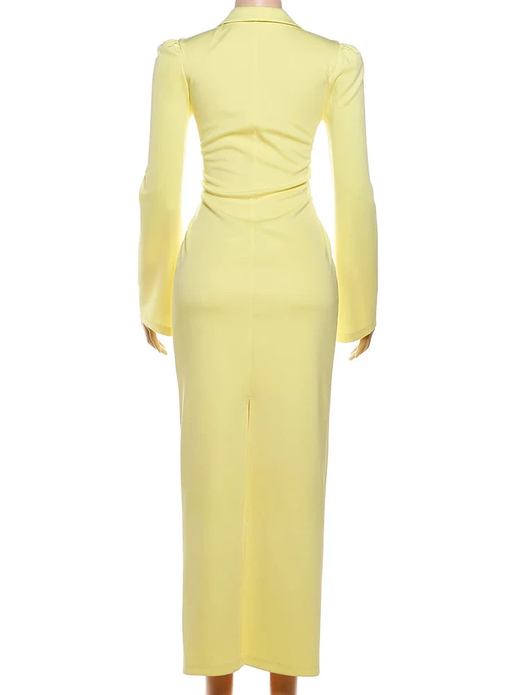 Sexy Maxi Dress Women Shoulder Padded Zip Wrapped Bandage Long Sleeve Slit Elegant Solid Office Simple Skinny Bodycon