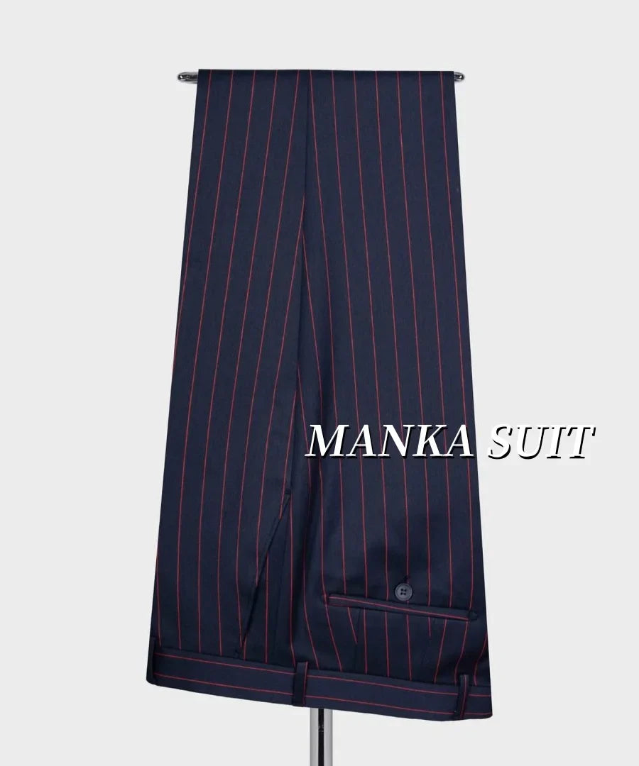 Peak Lapel Navy Blue Red Stripe Smart Casual Suits for Men Double Breasted Jacket Pants Formal Party Business Office  Man Suits