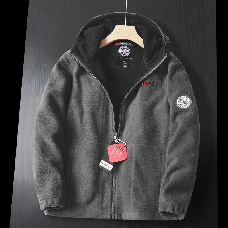Thickened Double Layer Fleece Winter Jacket for Men with Hood Warm And Anti-Hail Norwegian Style Casual Loose Fit Jacket