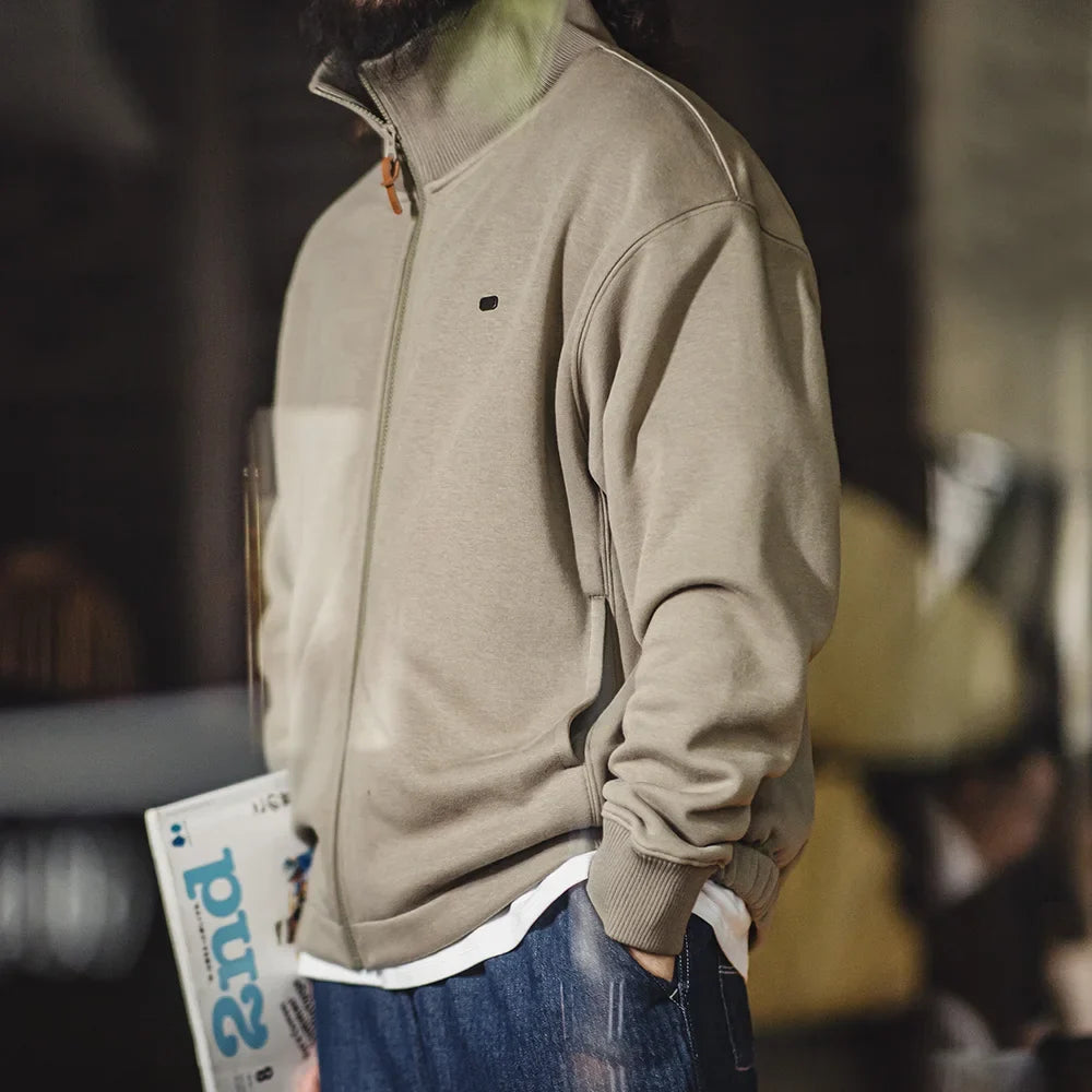 Men's High Neck Warm Jacket Polar Fleece Lining Thickened Coat Casual Sports Style Cardigan Sweater Vintage Tennis Jacket