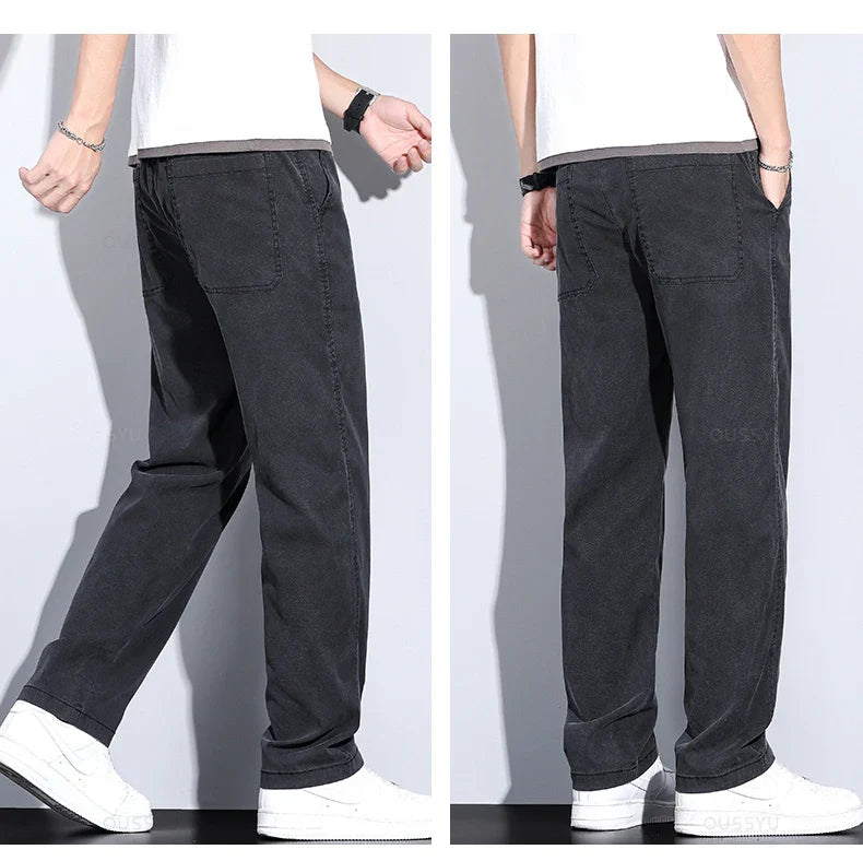 Summer New Upgrade Soft Lyocell Fabric Jeans Men Ultrathin Blue Elastic Waist Loose Straight Denim Trousers Male Plus Size 5XL