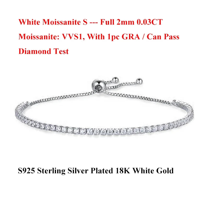 Full 2mm Moissanite Diamond Tennis Bracelet for Woman Man Certified s925 Silver Plated 18K Adjustable Link Chain Bracelets