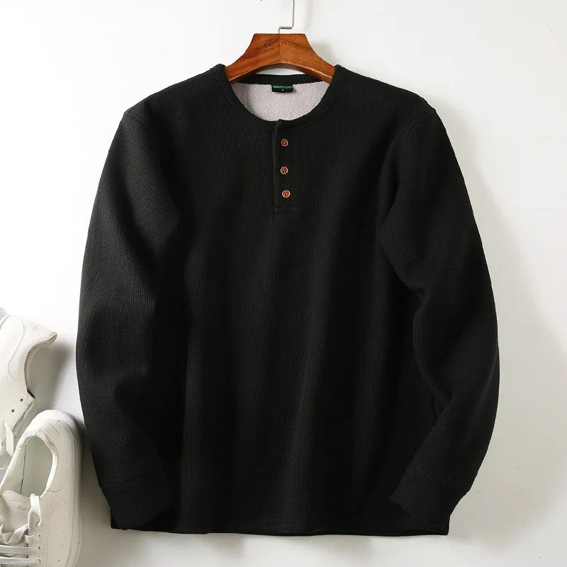 Men's Fleece - Lined Thickened Long - Sleeved Henley Neck Waffle Knit T - Shirt