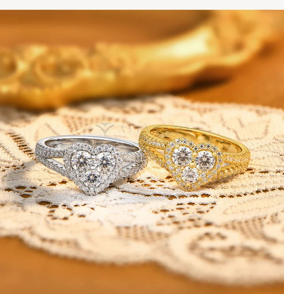 Three Stone Heart Halo Moissanite Ring for Women Round Cut S925 Silver Half Enternity Wedding Band Holiday Gift Jewelry