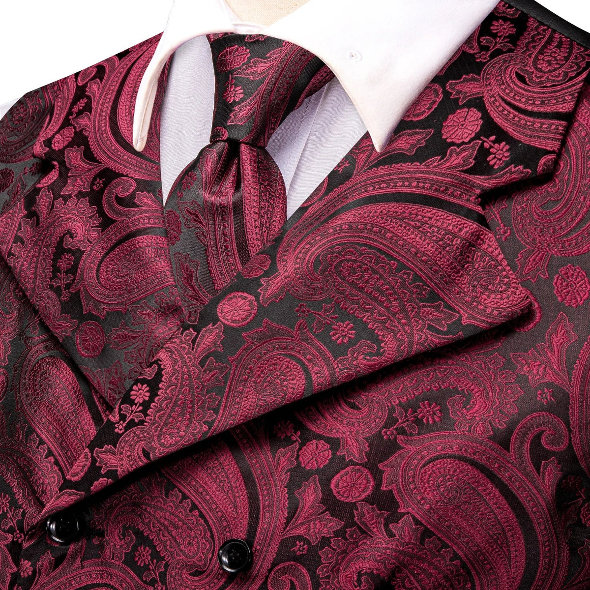 Dark Red Men's Vests Silk Paisley Jacquard Waistcoat Jacket NeckTie Hanky Cufflinks for Men Business Party Designer Gifts
