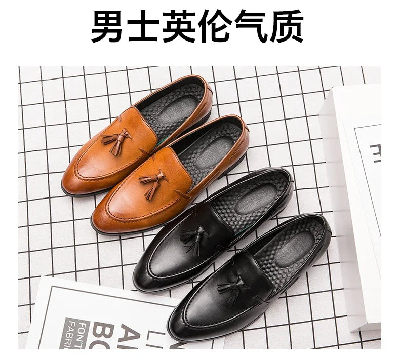 2025 New Men Leather Shoes Pointed Toe Formal Dress Shoes Slip On Men Loafer Tassel Shoe Zapatos Hombre