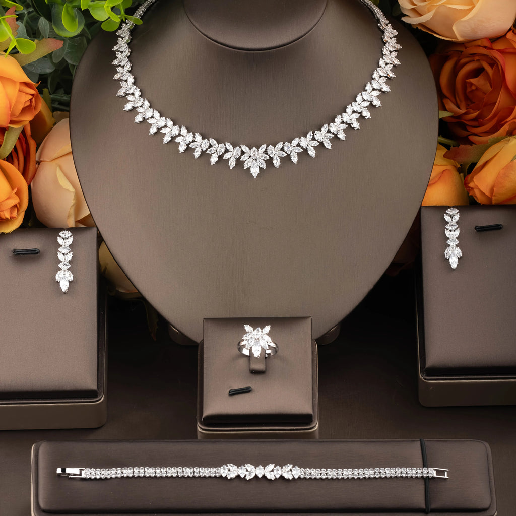 Leaf Water Drop 4pcs Necklace Pendant Set for Women Cubic Zirconia Dubia Nigeria Bridal Wedding Jewelry Set Bijoux S-351