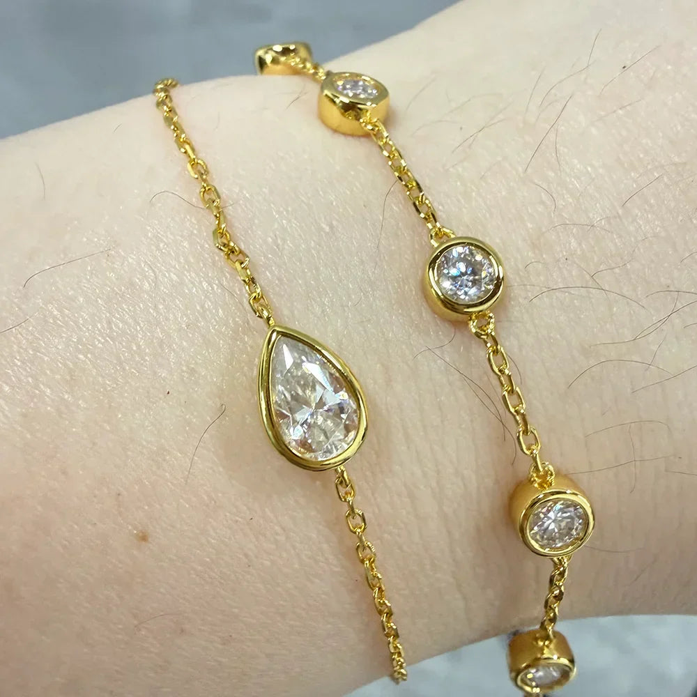 1CT Solitaire Diamond Oval/Water Drop Moissanite Bracelet for Women Men Minimalist Charm 925 Silver Wrist Chain Adjustable
