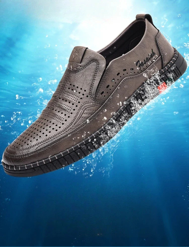 Summer New Breathable Hallow Leather Shoes for Men Solid Color Fashion Casual Driving Shoes Male Low Top Flat Shoes Man
