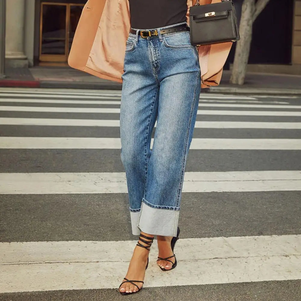 Women Baggy Jeans High Waisted Button up Denim Pants Elastic Cuffed Hem Straight Wide Leg Jeans with Pockets Streetwear