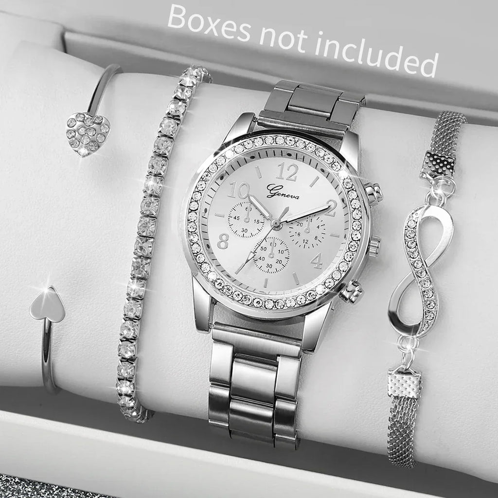 Women's Watch Fashion Rhinestone Arabic Dial Steel Band Quartz Watches Bracelets Set