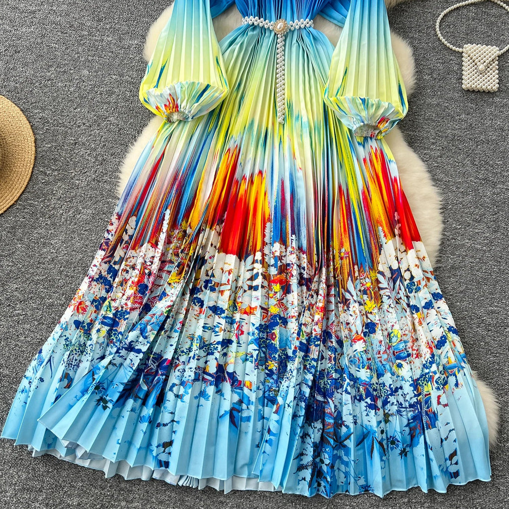 High-End Women's Dr Faionable Beaded round Ne Hollow out Pleated Lantern Sve Waist Cinched Floral Print Lon...