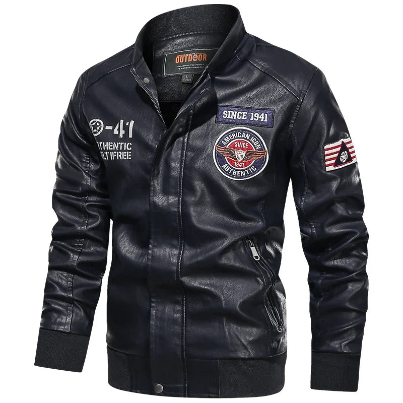 Men’s PU leather motorcycle jacket, color block pilot style, baseball collar, spring autumn, M–XXL