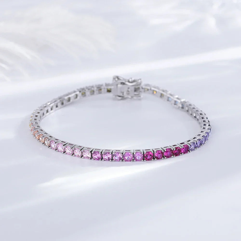 925 Silver Tennis Bracelet, 3mm Pave CZ, Dark Ruby/Rainbow/Blue/Green/Black, Eternity Design, Fine Jewelry for Women