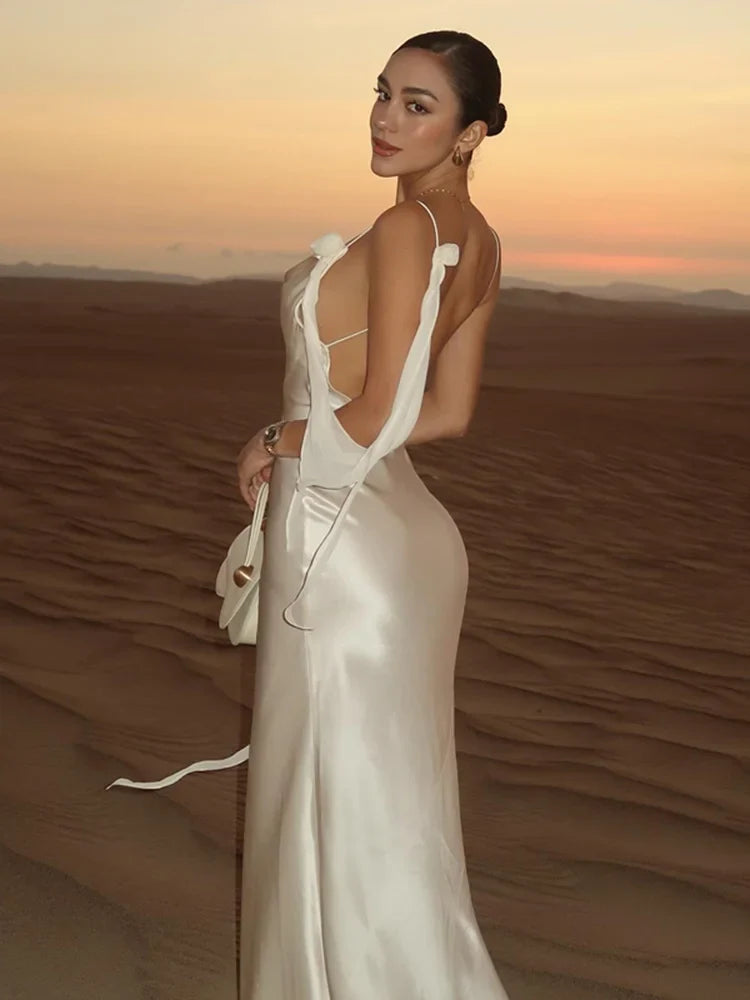 Elegant 3d Flowers Backless Dress Women Bodycon Swing Collar Sleeveless White Sling Maxi Robe 2025 Summer Lady Evevning Vestidos