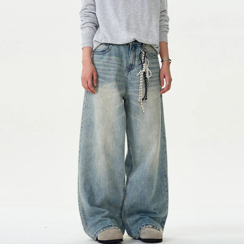 IEFB Distressed Jeans Solid Color Washing Summer Men Trousers Loose Wide Leg Casual Straight Moustache Effect Male Bottom 9W665