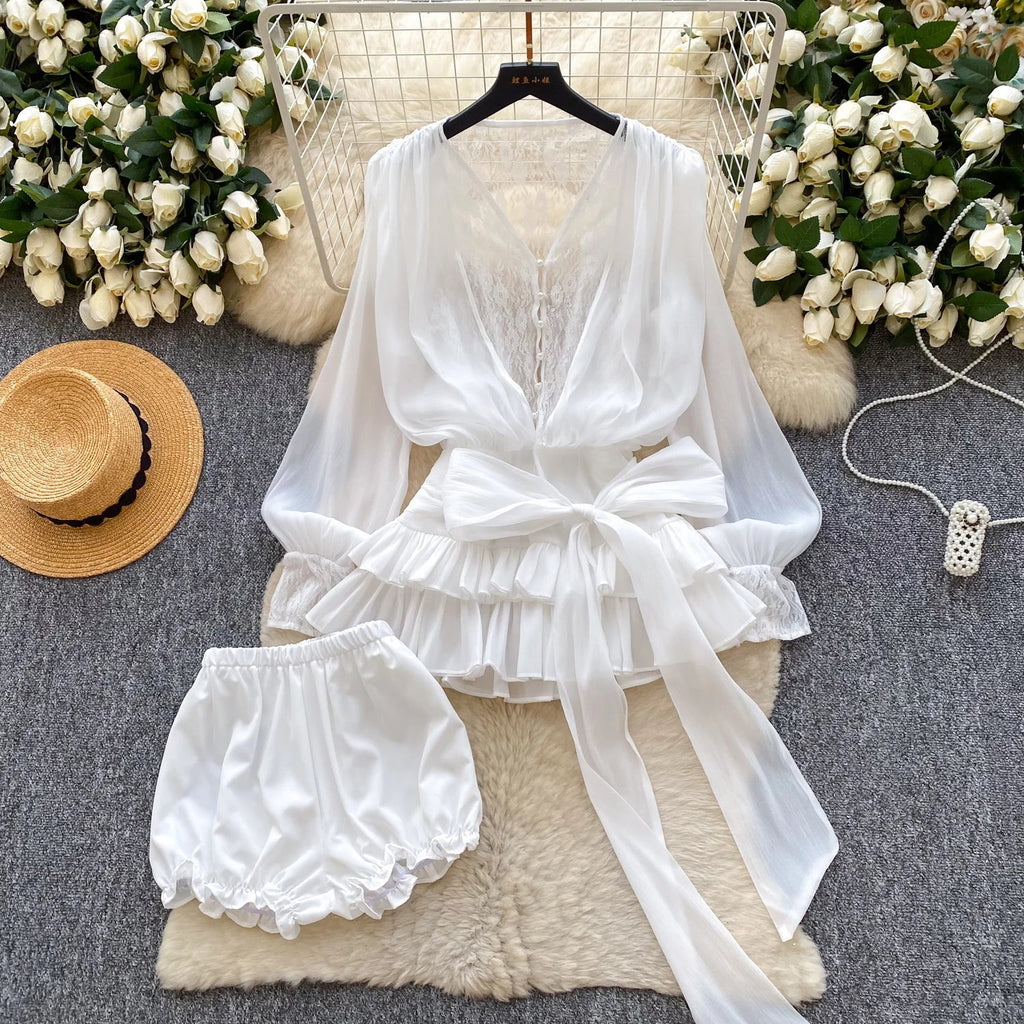 Fairycore Lace Chiffon Dresses With Stretch Shorts Pearl Button Bow Female Ruffles Sheer Seaside Holiday Mini Dress