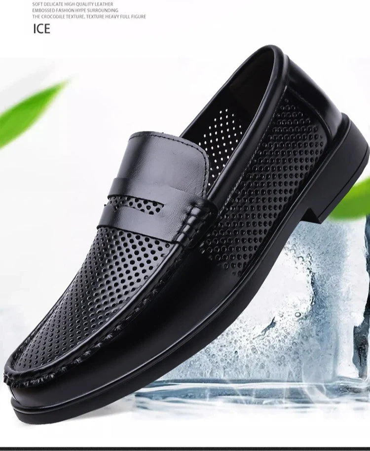 2026 Summer New Men's Breathable Leather Loafers Slip-On Hollow Out Casual Business Casual Shoes for Man Flat Driving Shoes Male