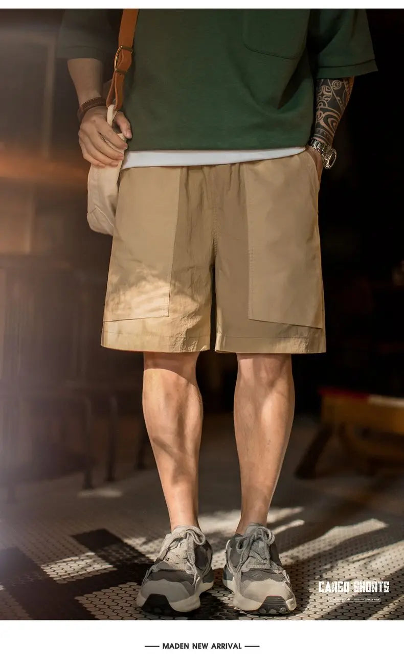 Outdoor Quick-Dry Khaki Cargo Shorts Men's Summer Lightweight Woven Straight Leg Beach Pants Elastic Waist Pocket Shorts