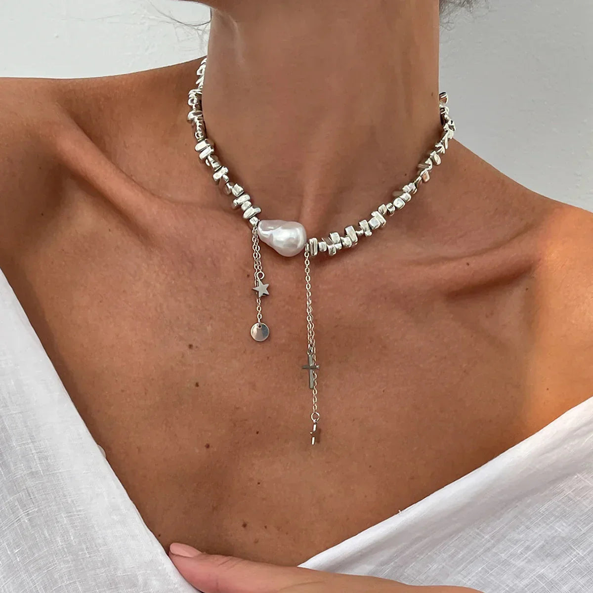 Ingemark Vintage Love Heart Corss Tassel Pendant Choker Necklace for Women Creative Clavicle Chain Wed Bridal Neck Jewelry Gift