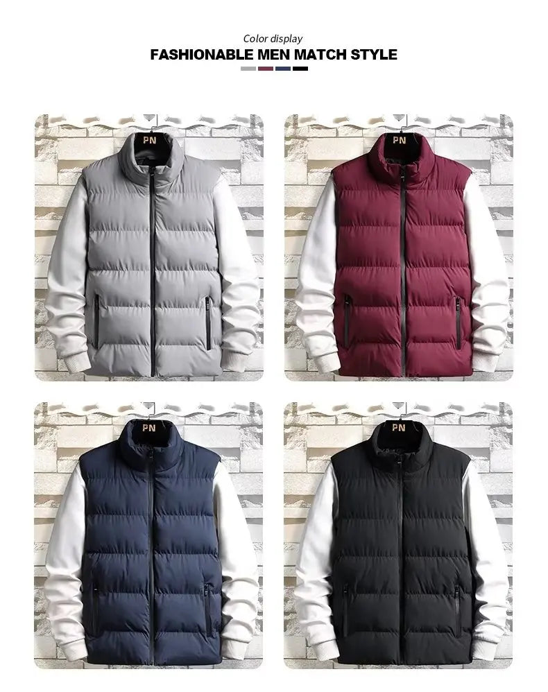 Men's down Vest Thickened Casual Style Stand Collar Jacket Autumn Winter New Fashion Youth Active Fit Zipper Pocket Daily Wear